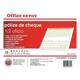 POLIZA CHEQUES OFFICE DEPOT 1/2 OFICIO CON 12